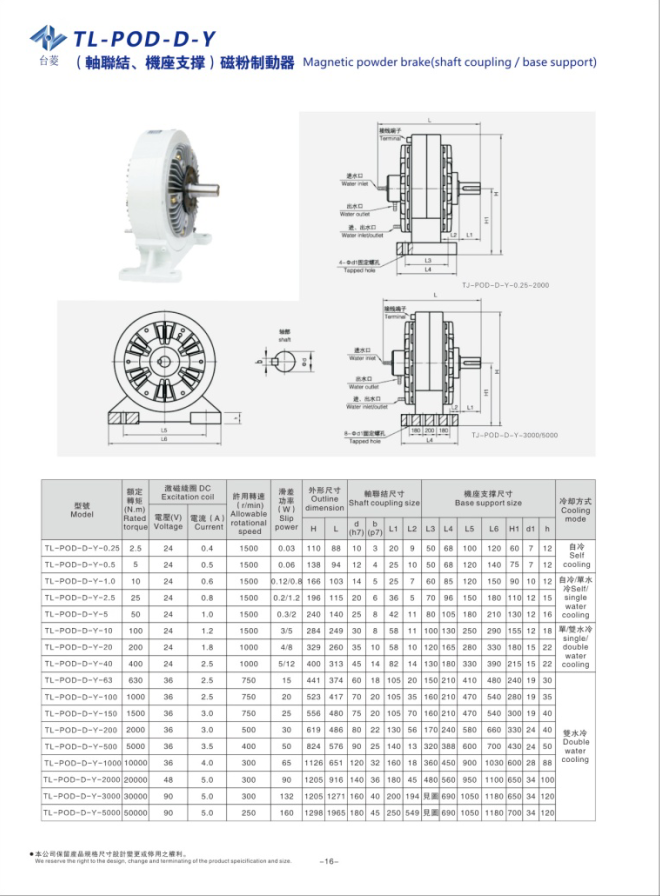 水冷磁粉制動器TL-POD-D-Y規(guī)格型號尺寸參數(shù)表