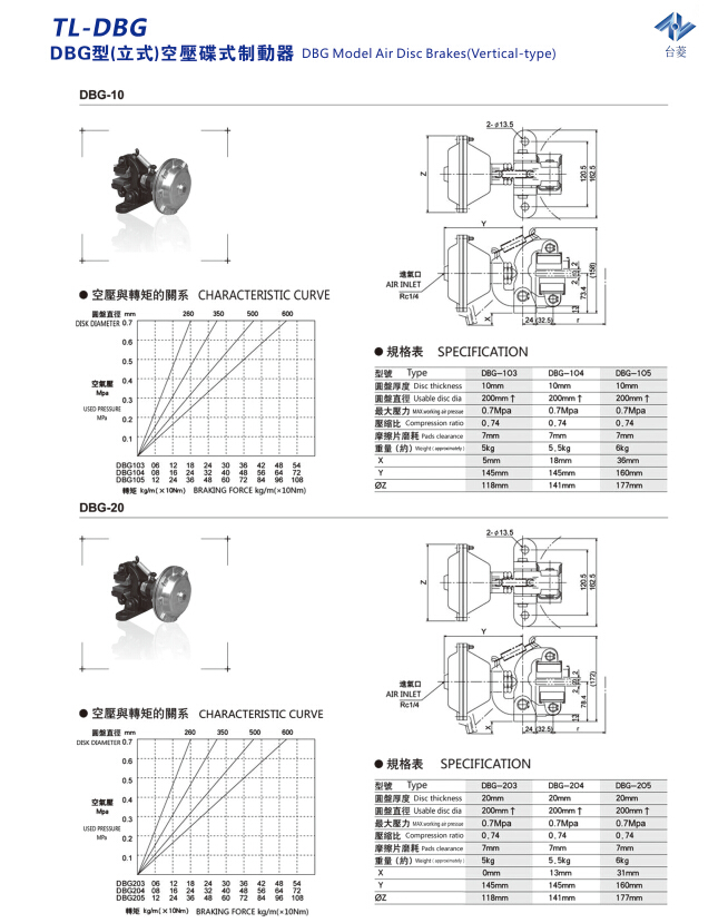 立式空壓碟式制動(dòng)器DBG型規(guī)格型號(hào)尺寸參數(shù)表